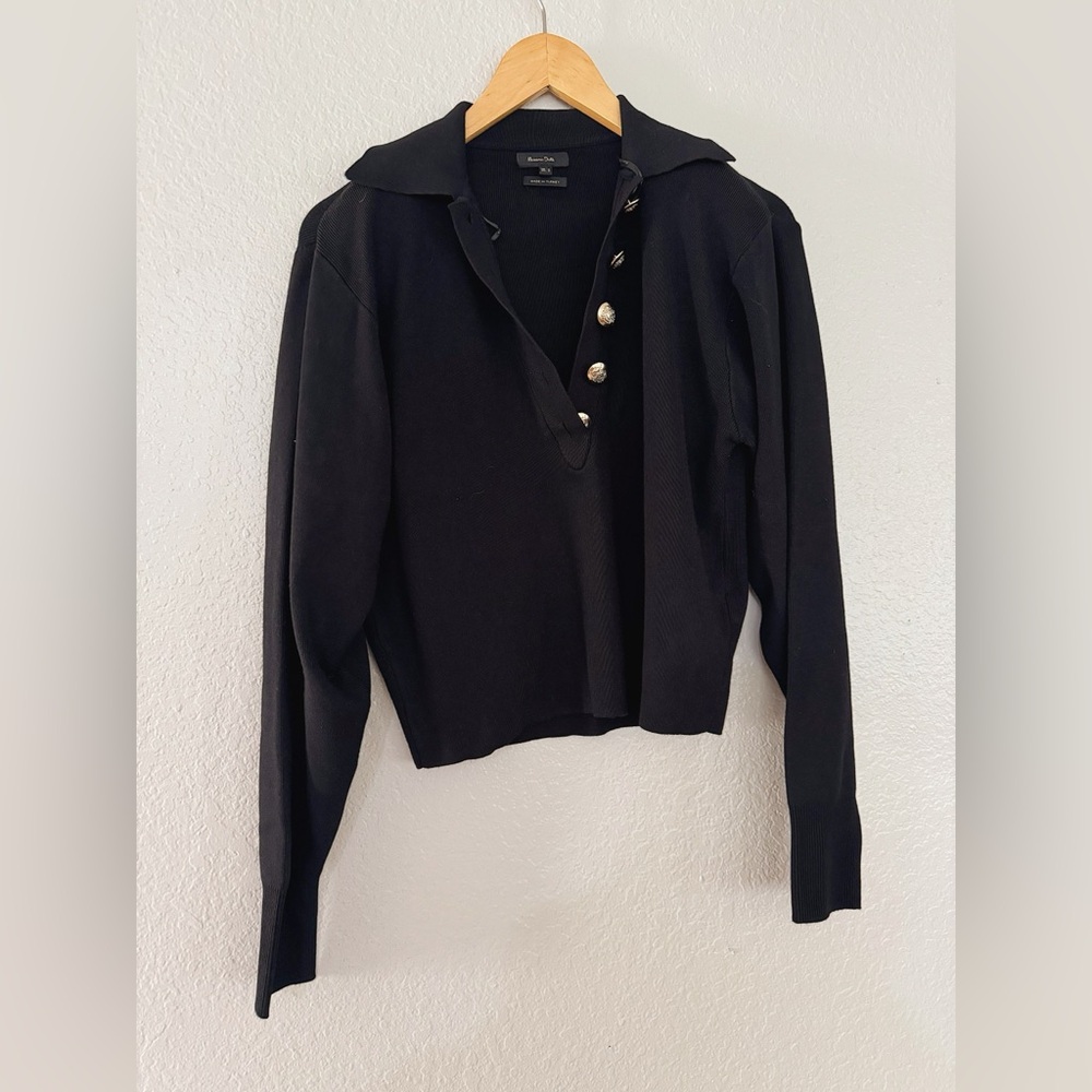 Massimo Dutti Black Collared Knit Polo Sweater with Button Placket